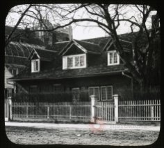 This lantern slide of the Hicks-Platt House (a.k.a. Lady Moody's House) is dated circa 1905, but it must be later, since P.S. 95, constructed in 1914-15, looms to the left. {Collection of the Brooklyn Historical Society.}